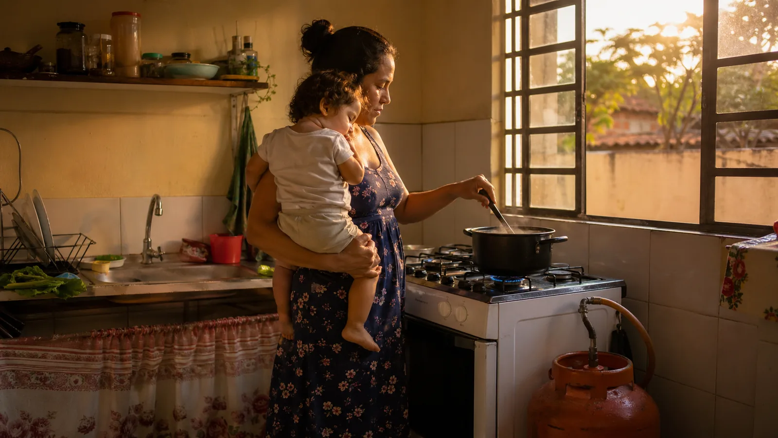 Família brasileira em casa durante as férias escolares de julho, conferindo benefícios no celular