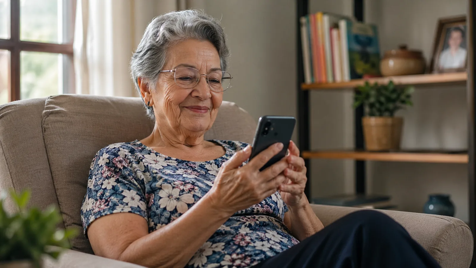 Idosa brasileira sorrindo enquanto usa smartphone, simbolizando o Meu INSS digital